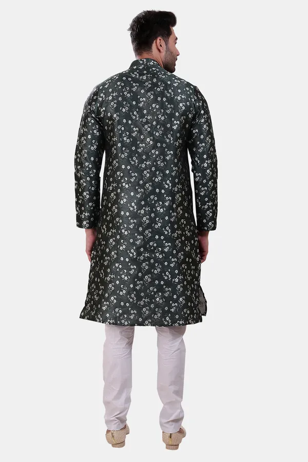 Floral_Print_Bottle_Green_Jacquard_Kurta_With_Paijama