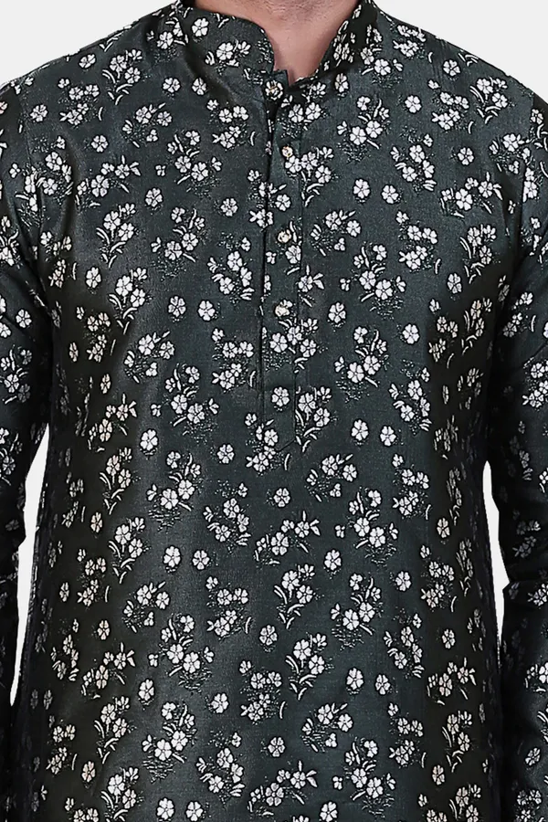 Floral_Print_Bottle_Green_Jacquard_Kurta_With_Paijama