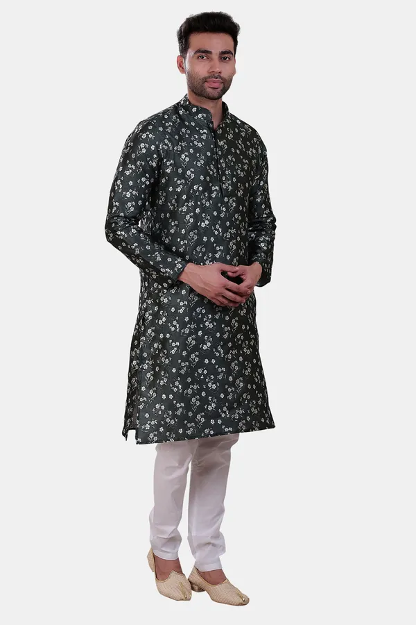 Floral_Print_Bottle_Green_Jacquard_Kurta_With_Paijama