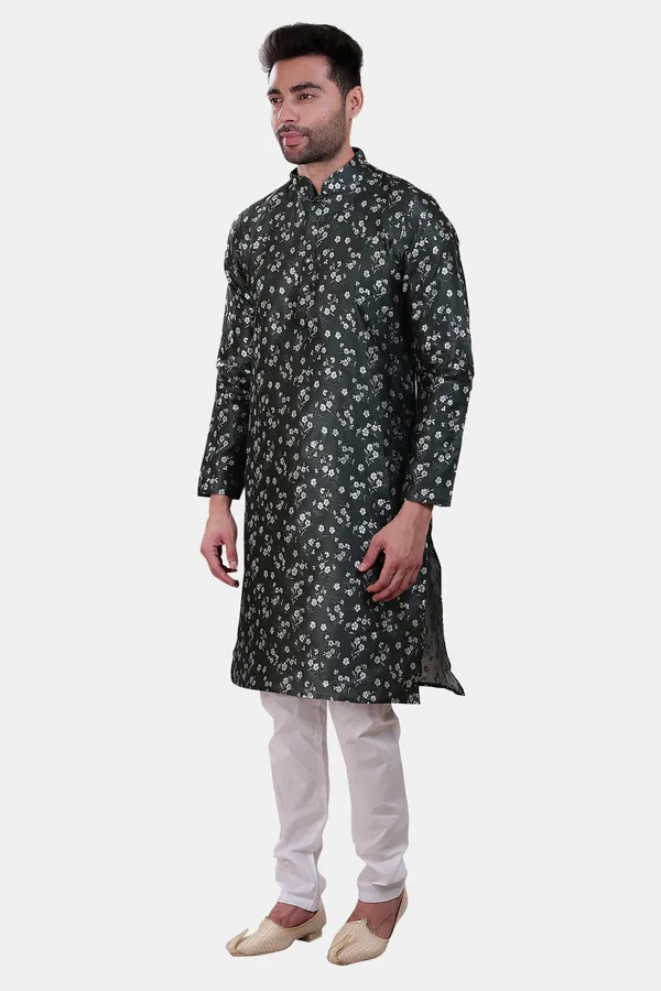 Floral_Print_Bottle_Green_Jacquard_Kurta_With_Paijama