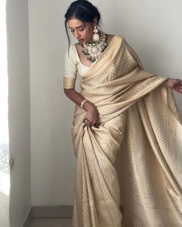 Cream_Color_Ready_To_Wear_Soft_Banarasi_Silk_Saree_With_Golden_Zari_Work