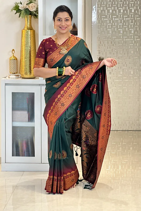 Jenni_Dark_Green_–_Wedding_Special_|_Premium_Soft_Banarasi_Silk_Saree_with_Weaving_Pattern,_Pallu_&_Border,_Weaving_Blouse_with_Tassels