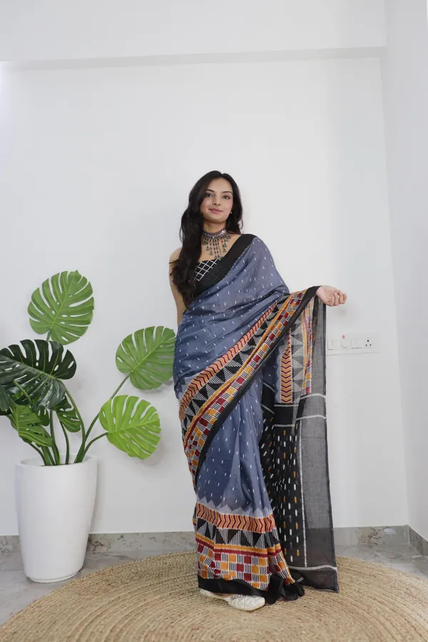 Ikkat_Print_Pure_Soft_Cotton_saree_With_Blouse_Piece