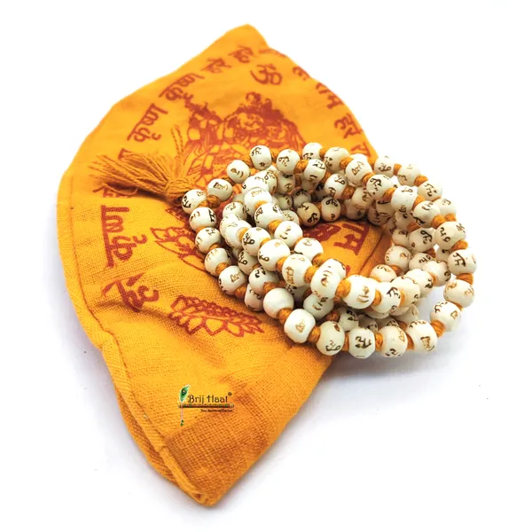 White_wood_hare_ram_carving_jaap_japa_mala_108+1_Beads_8mm_With_Cotton_Gaumukhi_bag_Jholi