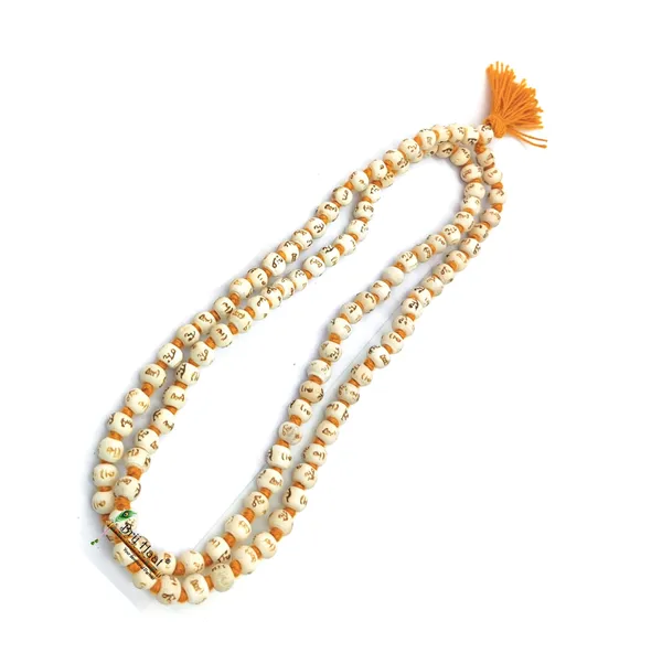 White_wood_hare_ram_carving_jaap_japa_mala_108+1_Beads_8mm_With_Cotton_Gaumukhi_bag_Jholi