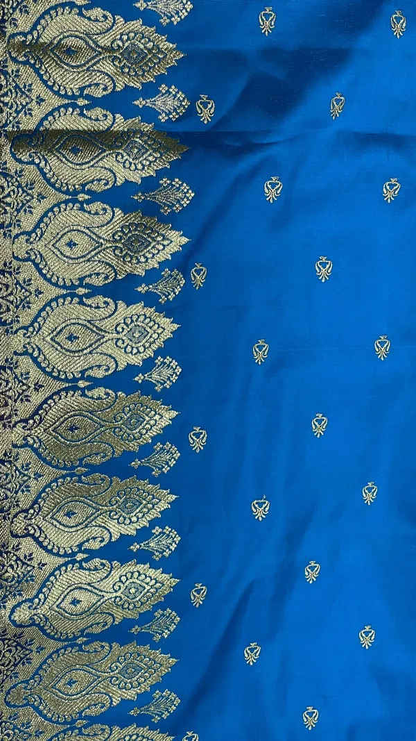 Humairah_Presents_Royal_Blue_Satin_Silk_Gold_Zari_Lachha_Booti_and_Contrast_Red_Floral_Zari_Border_and_Heavy_Gold_Zari_Jaal_Pallu_Banarasi_saree_with_Red_Blouse