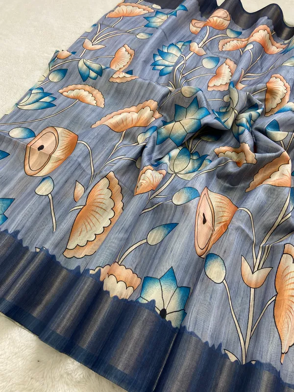 Soft_Tussar_Silk_sarees_with_Beautiful_Print_With_Attractive_Pallu_&_Zari_Border_And_Contrast_Print_Blouse_With_Tassels