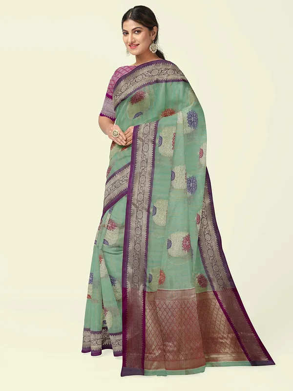 Sea_Green_Mulberry_Silk/Silk_Blend_Banarasi_Sarees_For_Women
