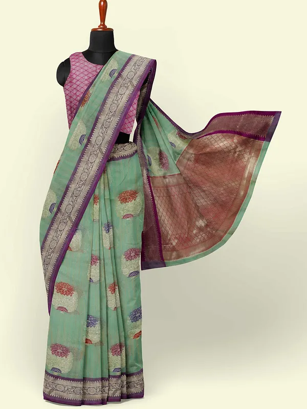 Sea_Green_Mulberry_Silk/Silk_Blend_Banarasi_Sarees_For_Women