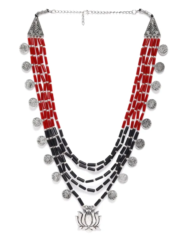 Utpala_Multi-Layered_Red_and_Black_Beaded_Necklace_with_Silver_Lotus_Pendant