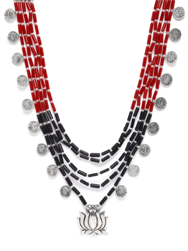 Utpala_Multi-Layered_Red_and_Black_Beaded_Necklace_with_Silver_Lotus_Pendant