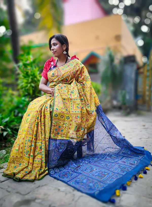 Yellow_Madhubani_Cotton_Silk_Printed_Saree