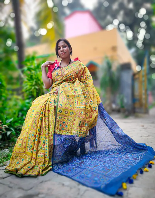 Yellow_Madhubani_Cotton_Silk_Printed_Saree
