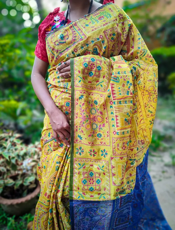 Yellow_Madhubani_Cotton_Silk_Printed_Saree