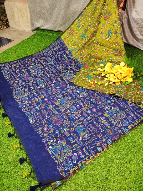 Yellow_Madhubani_Cotton_Silk_Printed_Saree