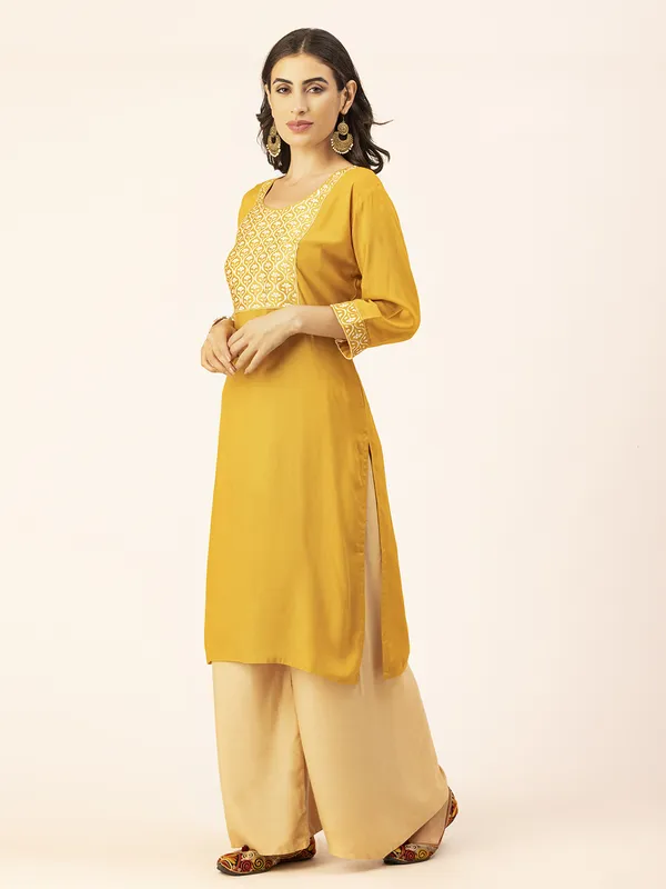 Mustard_Rayon_Slub_Women_Kurta,_Exquisite_Embroidery_Work