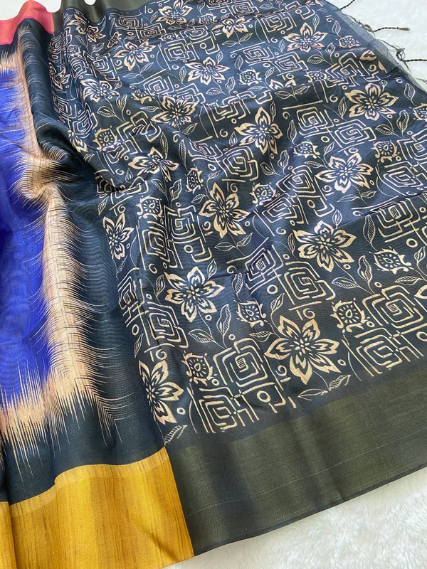 Mihika_Blue_–_Dew_Fresh_Navratri_Special_|_Soft_Tussar_Silk_Saree_with_Print,_Pallu_&_Contrast_Print_Blouse_with_Tassels