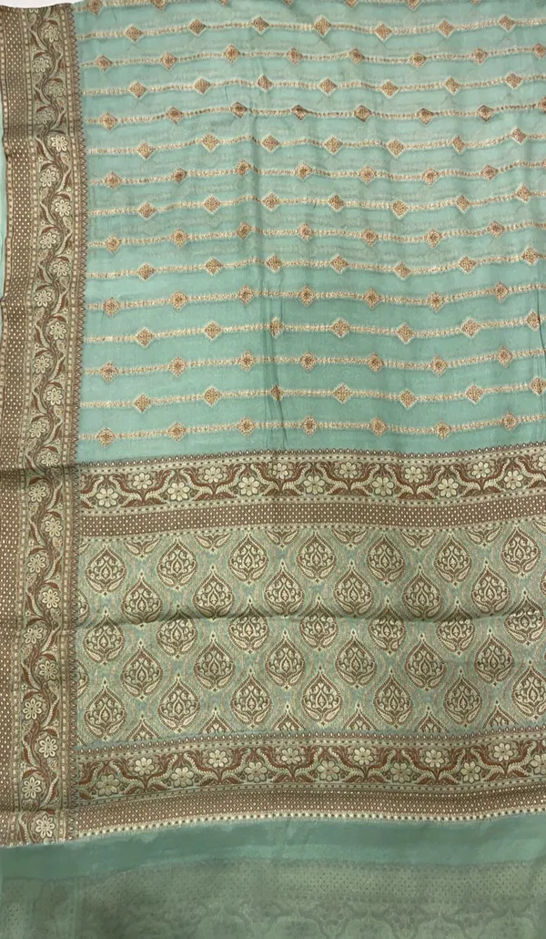 Humairah_Presents_Pure_Handloom_Sea_Green_Chiffon_Copper_Stripe_Booti_Jaal_with_Resham_Mina_Zari_Border_and_Sea_Green_Blouse