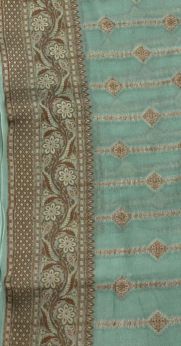 Humairah_Presents_Pure_Handloom_Sea_Green_Chiffon_Copper_Stripe_Booti_Jaal_with_Resham_Mina_Zari_Border_and_Sea_Green_Blouse