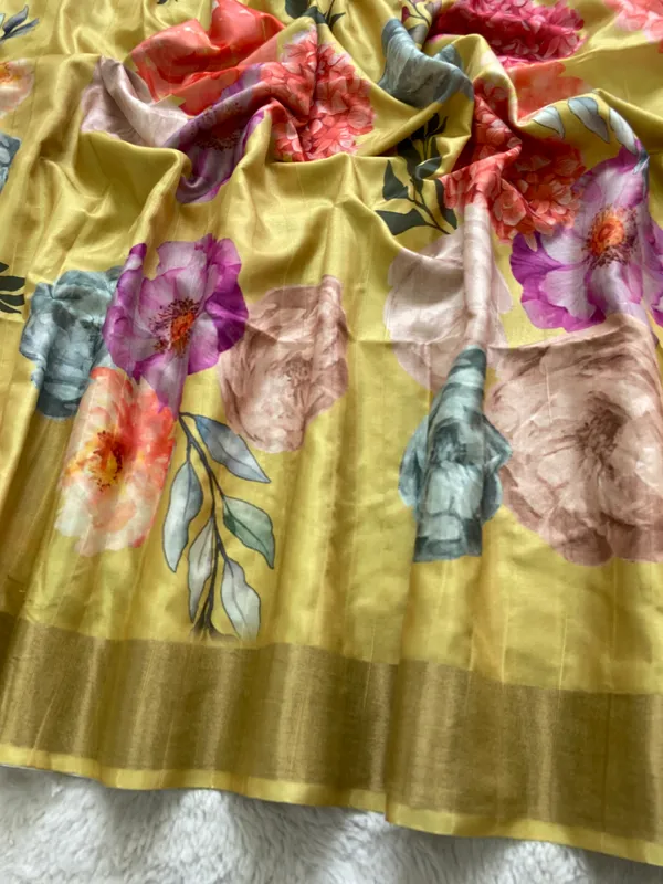 Shrishti_Yellow_–_Creative_Diwali_Special_|_Soft_Tussar_Silk_Saree_with_Print,_Border_&_Contrast_Print_Blouse_with_Tassels