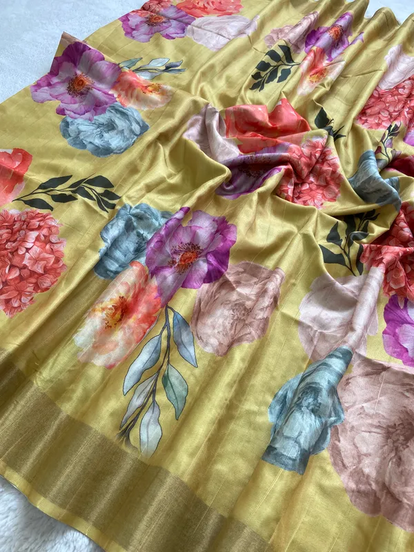 Shrishti_Yellow_–_Creative_Diwali_Special_|_Soft_Tussar_Silk_Saree_with_Print,_Border_&_Contrast_Print_Blouse_with_Tassels