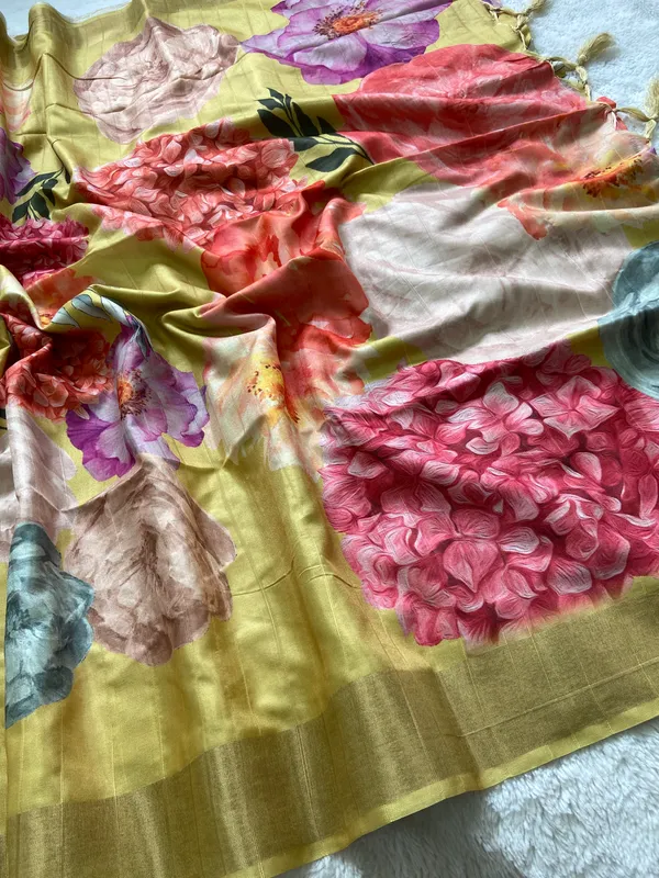 Shrishti_Yellow_–_Creative_Diwali_Special_|_Soft_Tussar_Silk_Saree_with_Print,_Border_&_Contrast_Print_Blouse_with_Tassels