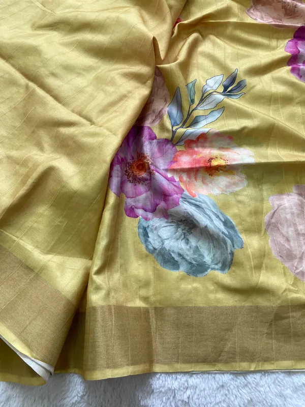 Shrishti_Yellow_–_Creative_Diwali_Special_|_Soft_Tussar_Silk_Saree_with_Print,_Border_&_Contrast_Print_Blouse_with_Tassels
