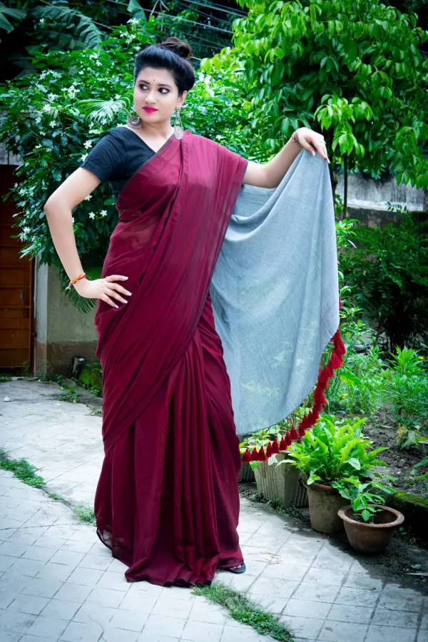 Gulkand_&_Still_Grey_Mul_Modal_Saree-Cranberry_and_Ice