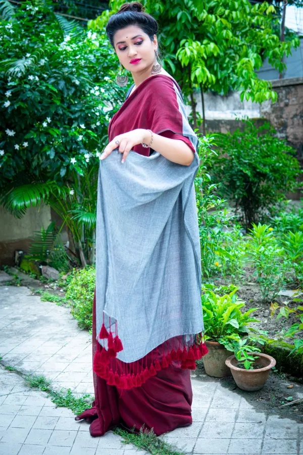 Gulkand_&_Still_Grey_Mul_Modal_Saree-Cranberry_and_Ice