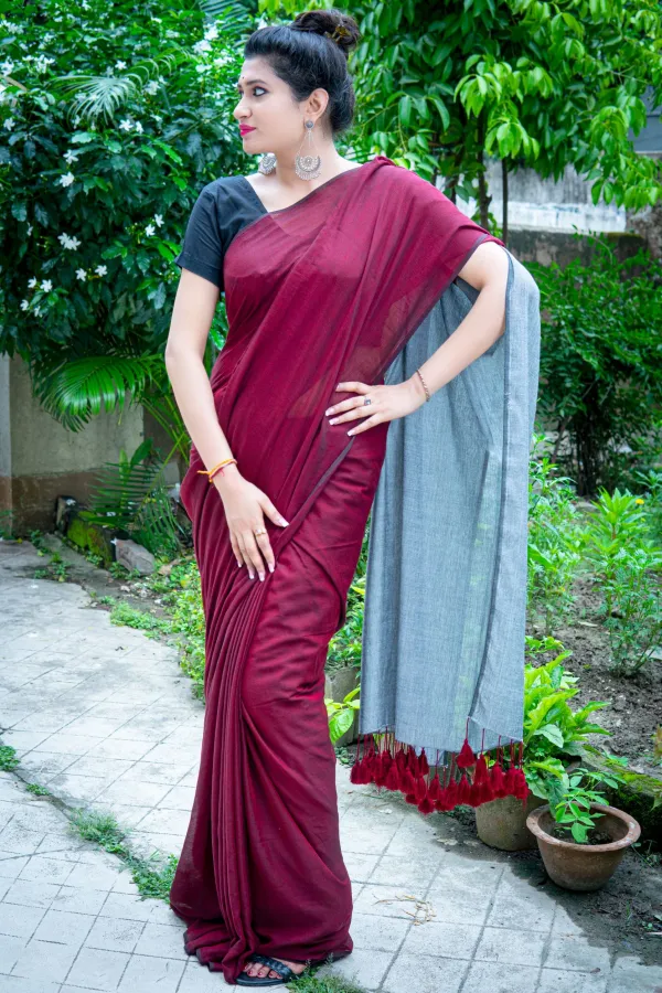Gulkand_&_Still_Grey_Mul_Modal_Saree-Cranberry_and_Ice