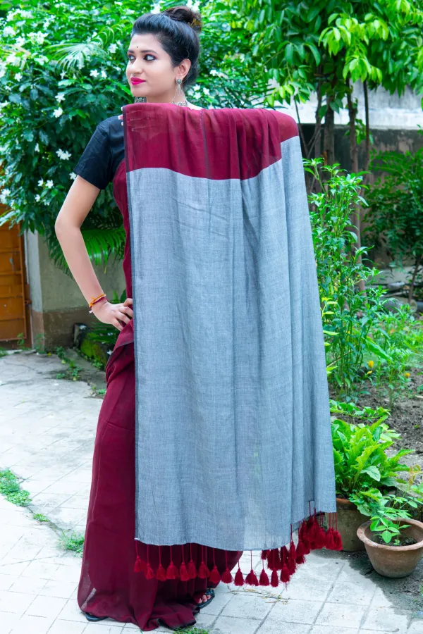 Gulkand_&_Still_Grey_Mul_Modal_Saree-Cranberry_and_Ice