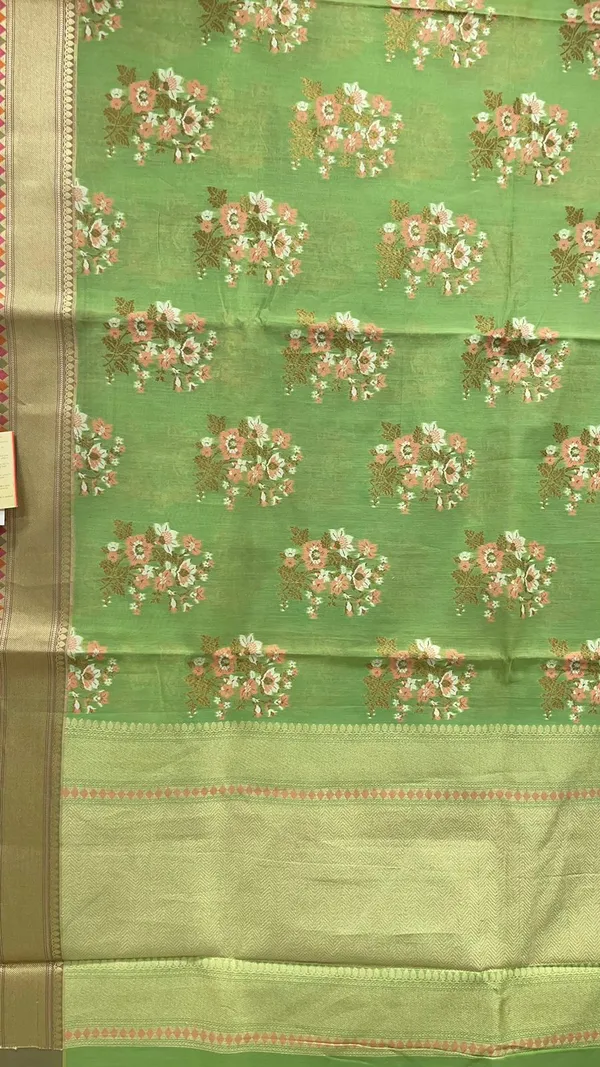 Humairah_Pure_Handloom_Green_Cotton_Floral_Zari_Mina_Boota_Banarasi_saree_with_Banarasi_Zari_Border_and_Green_Blouse