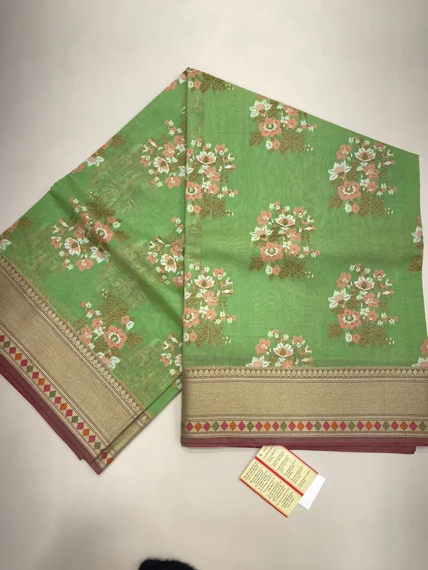 Humairah_Pure_Handloom_Green_Cotton_Floral_Zari_Mina_Boota_Banarasi_saree_with_Banarasi_Zari_Border_and_Green_Blouse