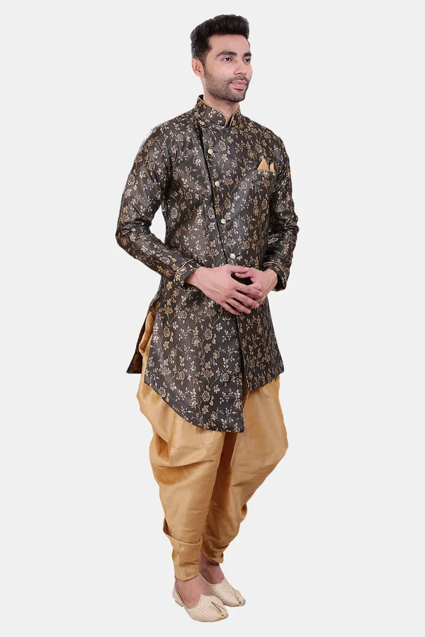 Floral_Print_Black_Jacquard_Sherwani_With_Patiyala