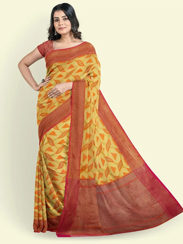 Yellow_Cotton_Blend_Banarasi_Sarees_For_Women
