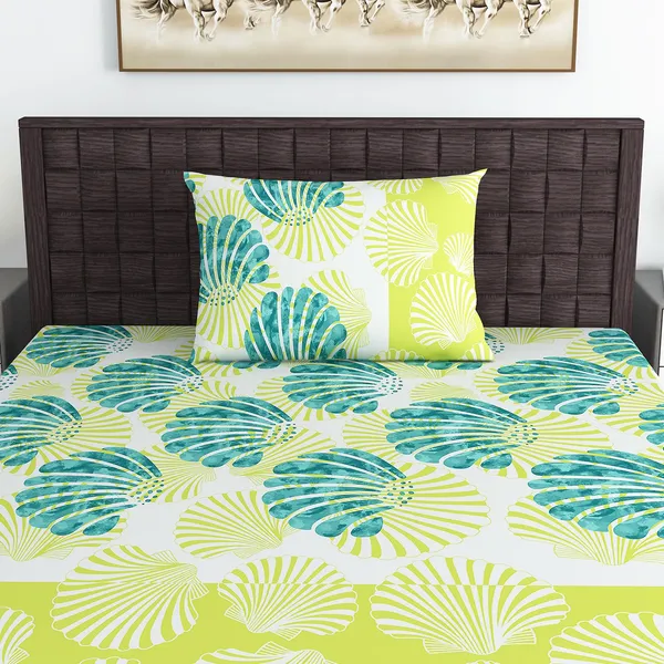 100%_Cotton_Calming_Shells_Single_Bedsheet_with_1_Pillow_Covers_Bed_Sheet_For_Bedroom_(Acid_Lime)