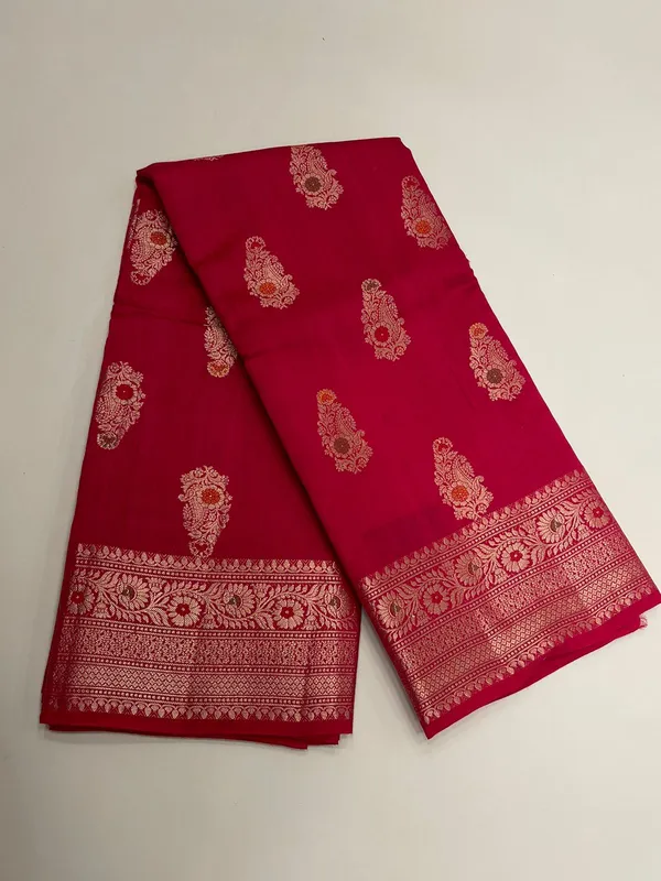 Humairah_Pure_Handwoven_Red_Muga_Silk_Zari_Mina_Booti_Minakari_Jaal_Anchal_with_Minakari_Zari_Border_Banarasi_Saree_with_Red_Blouse_piece