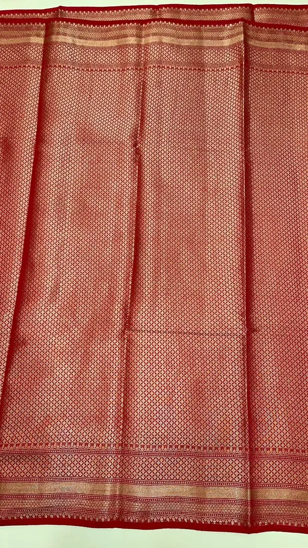 Humairah_Pure_Handwoven_Red_Muga_Silk_Zari_Mina_Booti_Minakari_Jaal_Anchal_with_Minakari_Zari_Border_Banarasi_Saree_with_Red_Blouse_piece