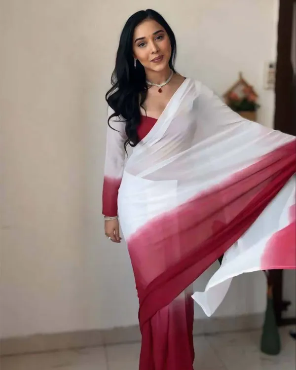 White_And_Red__Colour_1-Minute_Ready_To_Wear_Georgette_Saree_With_Blouse_Piece