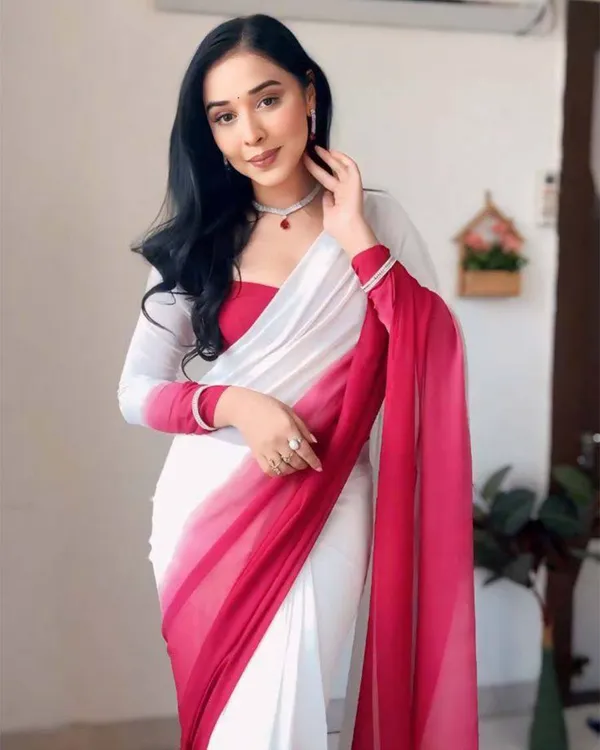 White_And_Red__Colour_1-Minute_Ready_To_Wear_Georgette_Saree_With_Blouse_Piece