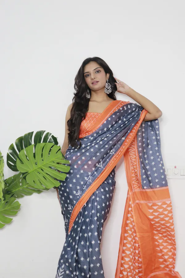 Ikkat_Print_Pure_Soft_Cotton_saree_With_Blouse_Piece