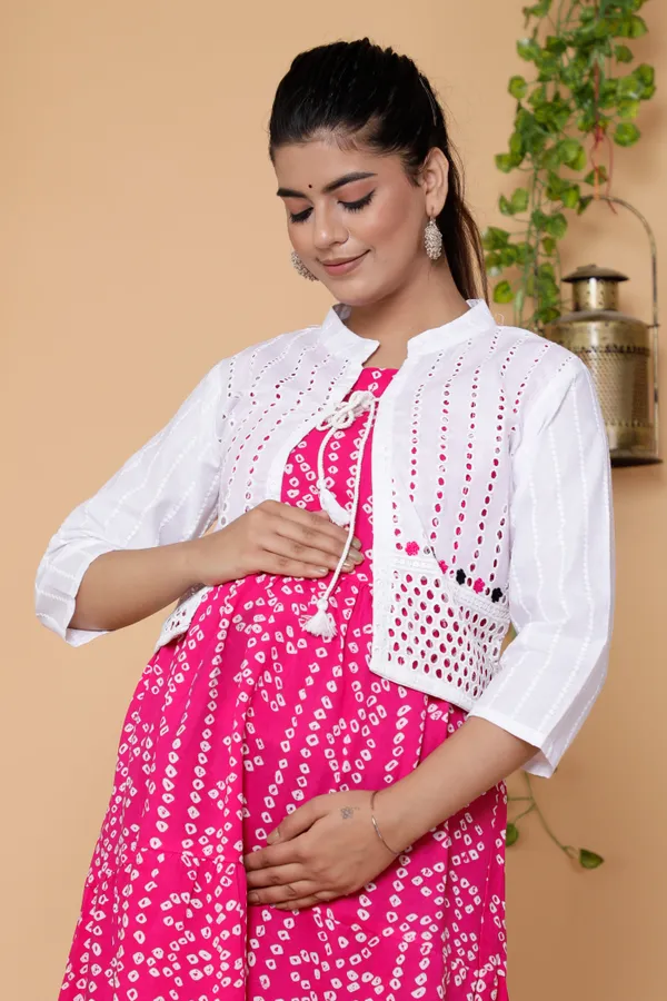 Maternity_Wear_Pink_Bandhej_PrintAnarkali_Kurta/Gown_With_Schiffli_Jacket