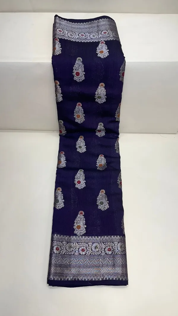 Humairah_Pure_Handwoven_Navy_Blue_Muga_Silk_Zari_Mina_Booti_Minakari_Jaal_Anchal_with_Minakari_Zari_Border_Banarasi_Saree_with_Navy_Blue_Blouse_piece