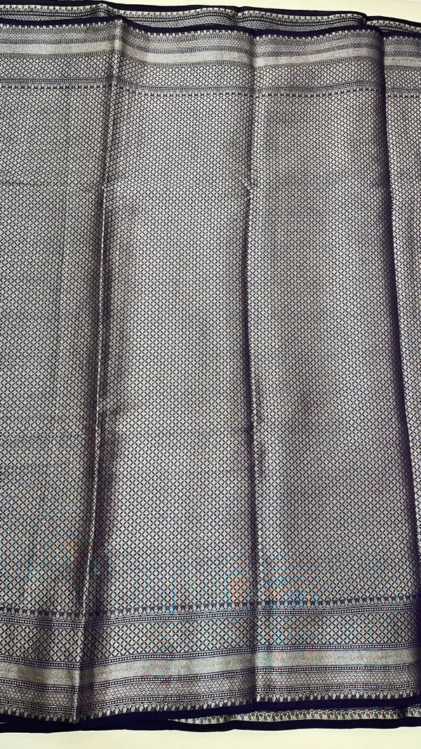 Humairah_Pure_Handwoven_Navy_Blue_Muga_Silk_Zari_Mina_Booti_Minakari_Jaal_Anchal_with_Minakari_Zari_Border_Banarasi_Saree_with_Navy_Blue_Blouse_piece