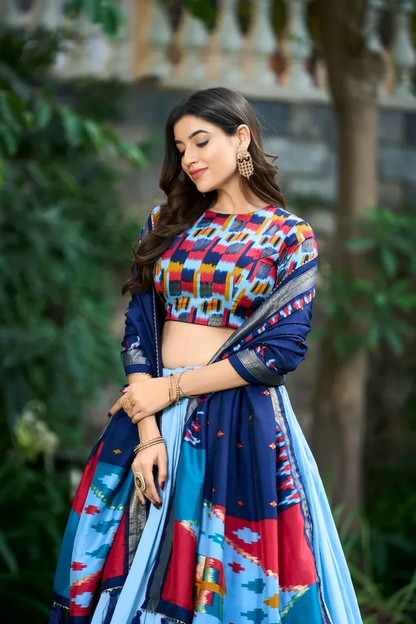Sky_Blue_Purple_Color_Tussar_Silk_Printed_Navratri_Lehenga_Choli_For_Women