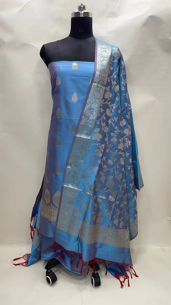 Humairah_Present_Sky_Blue_Katan_Silk_3pcs_Suit_Set_accompanied_with_Plain_Bottom_and_Top_Golden_Zari_Booti_with_Sky_Blue_Golen_Jaal_Dupatta