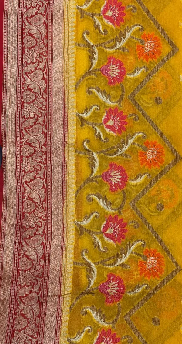 Humairah_Presents_Pure_Handloom_Yellow_Chiffon_Stripe_Zari_Zig-Zag_Booti_Skirt_Paithani_Border_with_Contrast_Red_Floral_Zari_Border_and_Red_Blouse