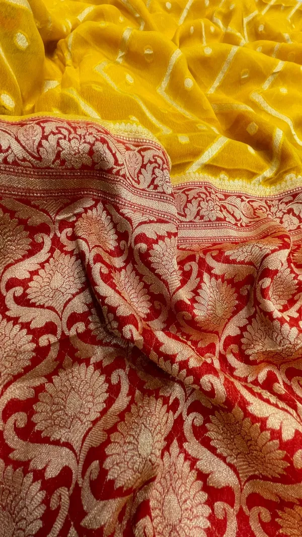 Humairah_Presents_Pure_Handloom_Yellow_Chiffon_Stripe_Zari_Zig-Zag_Booti_Skirt_Paithani_Border_with_Contrast_Red_Floral_Zari_Border_and_Red_Blouse