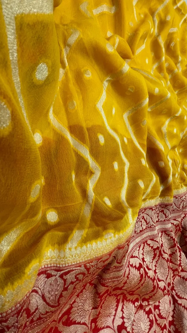 Humairah_Presents_Pure_Handloom_Yellow_Chiffon_Stripe_Zari_Zig-Zag_Booti_Skirt_Paithani_Border_with_Contrast_Red_Floral_Zari_Border_and_Red_Blouse