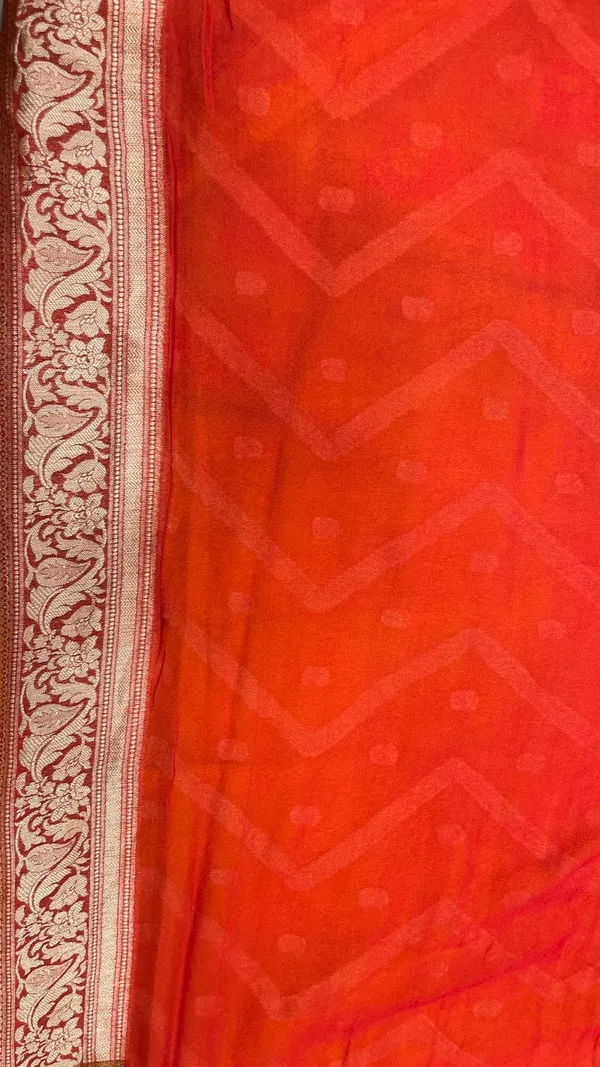 Humairah_Presents_Pure_Handloom_Yellow_Chiffon_Stripe_Zari_Zig-Zag_Booti_Skirt_Paithani_Border_with_Contrast_Red_Floral_Zari_Border_and_Red_Blouse